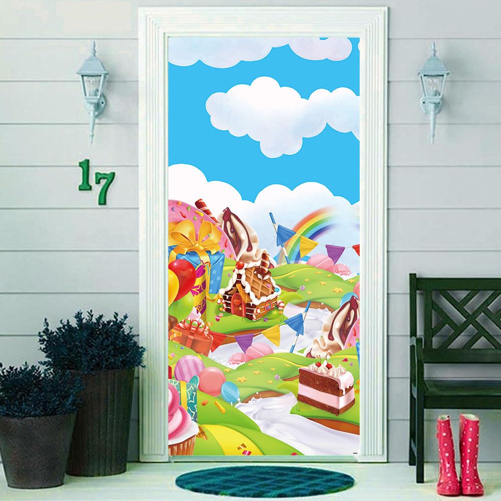 DOTOOMA 35.4 x 72.8 Inches Candyland Sweet Cartoon Rainbow Doughnut Color Flag Balloon Biscuit House Ice Cream Theme Yard Door B