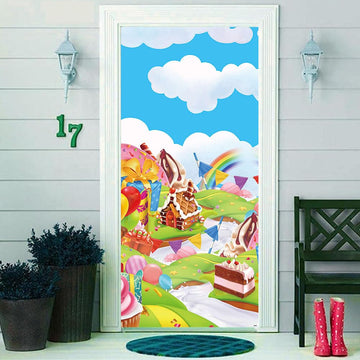 DOTOOMA 35.4 x 72.8 Inches Candyland Sweet Cartoon Rainbow Doughnut Color Flag Balloon Biscuit House Ice Cream Theme Yard Door B