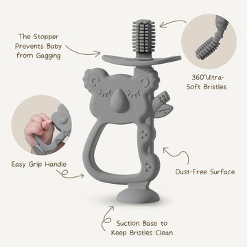 Moonkie Teething Toy, Safe & Easy To Hold Bpa Free Silicone Teethers, 360° Baby Toothbrush With Suction Base, Teether Toys Best For Babies 6-12 Months (Koala Lunar Grey)