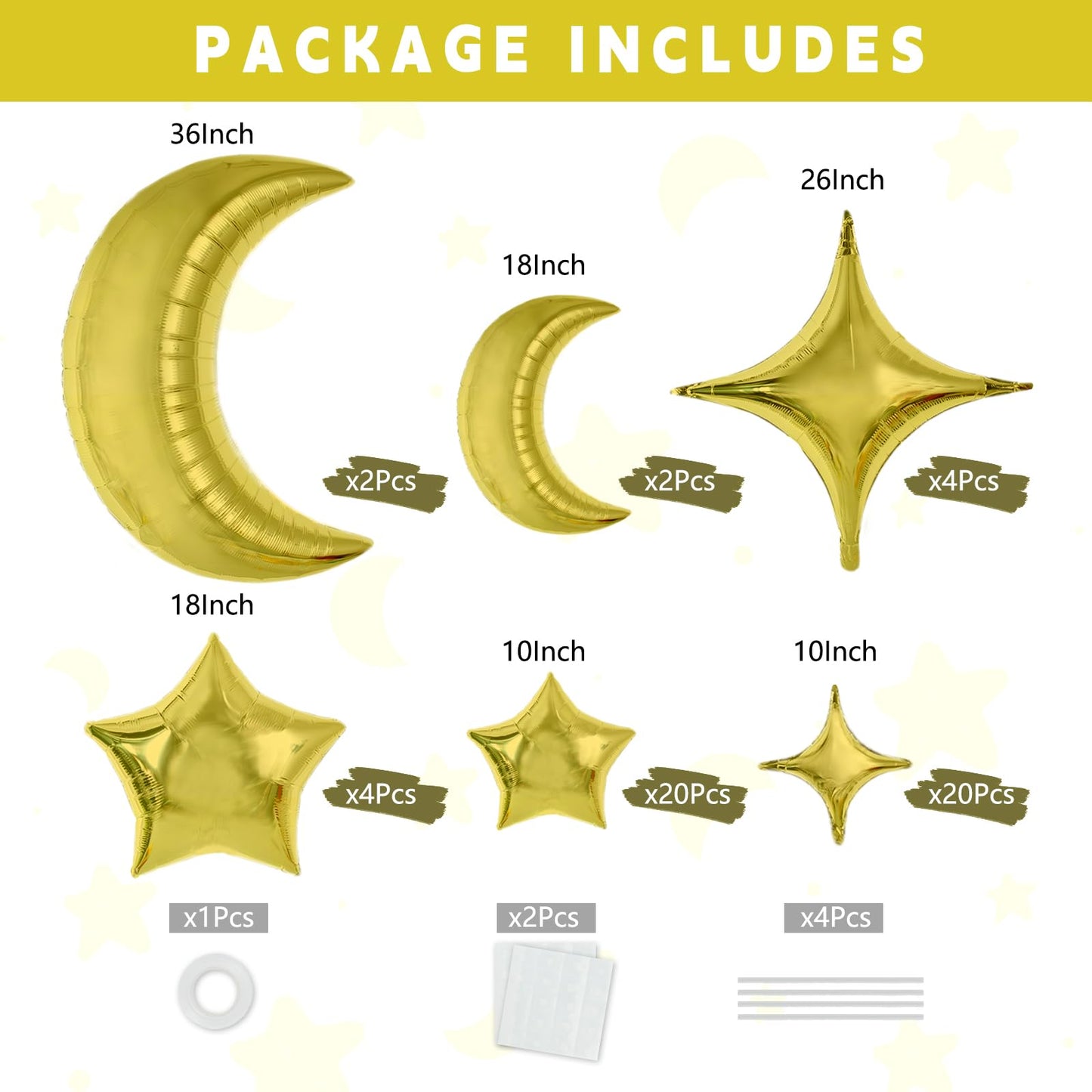 TONIFUL 52pcs Gold Moon & Star Foil Balloons - Large Moon Shape & Star Mylar Foil Balloons for Birthday, Wedding, Baby Shower, A