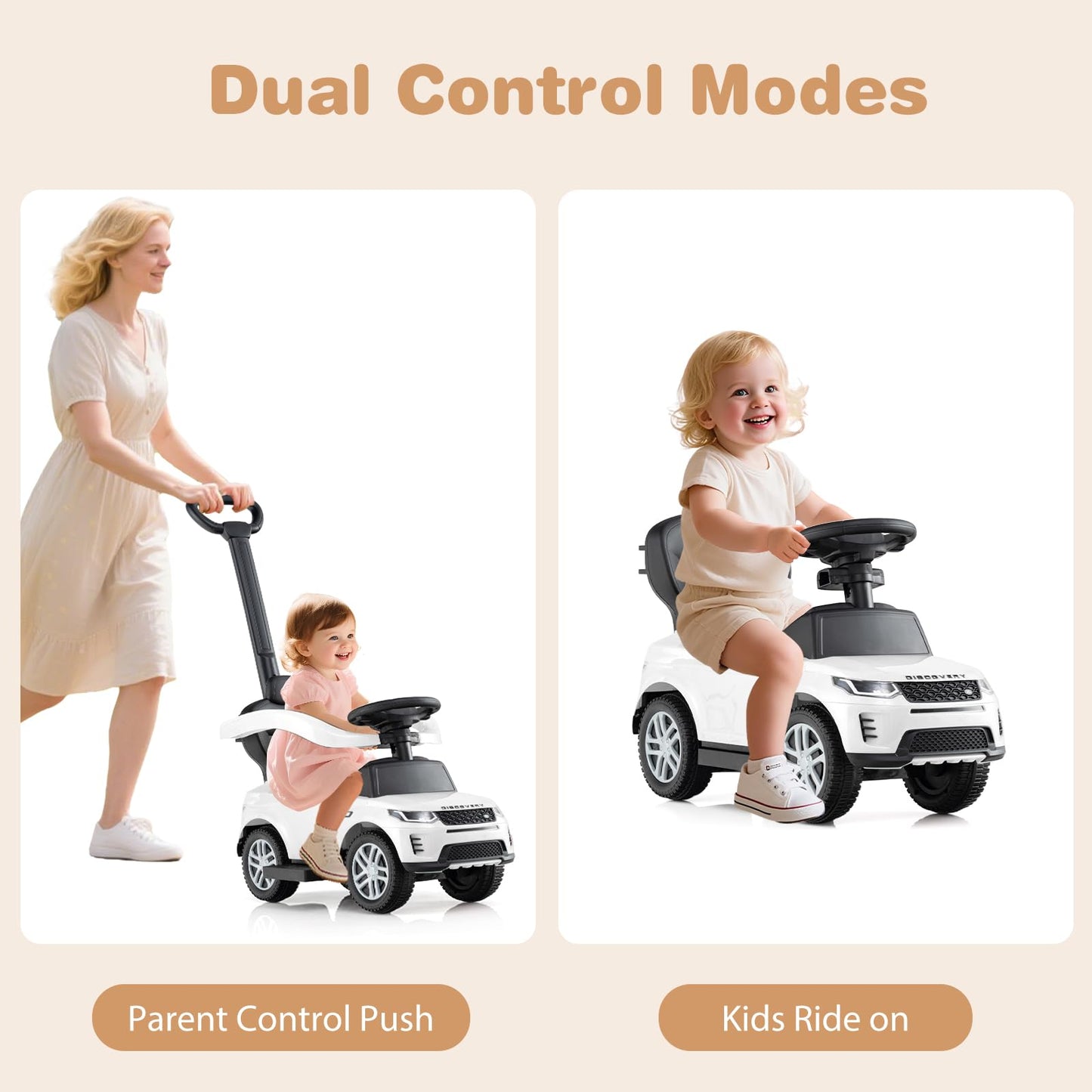 OLAKIDS Push Car for Toddlers  3 in 1 Licensed Landrover Baby Ride on Toy with Parent Control Handle Safe Guardrails  Kids Sliding Walker with Under Seat Storage Horn for Boys Girls (White)