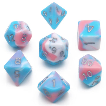 PJOY DND Dice Set 7PCS Blue Pink White D&D Polyhedral Dice with Velvet Dice Bag for Role Playing Dice Games as Dungeons and Drag