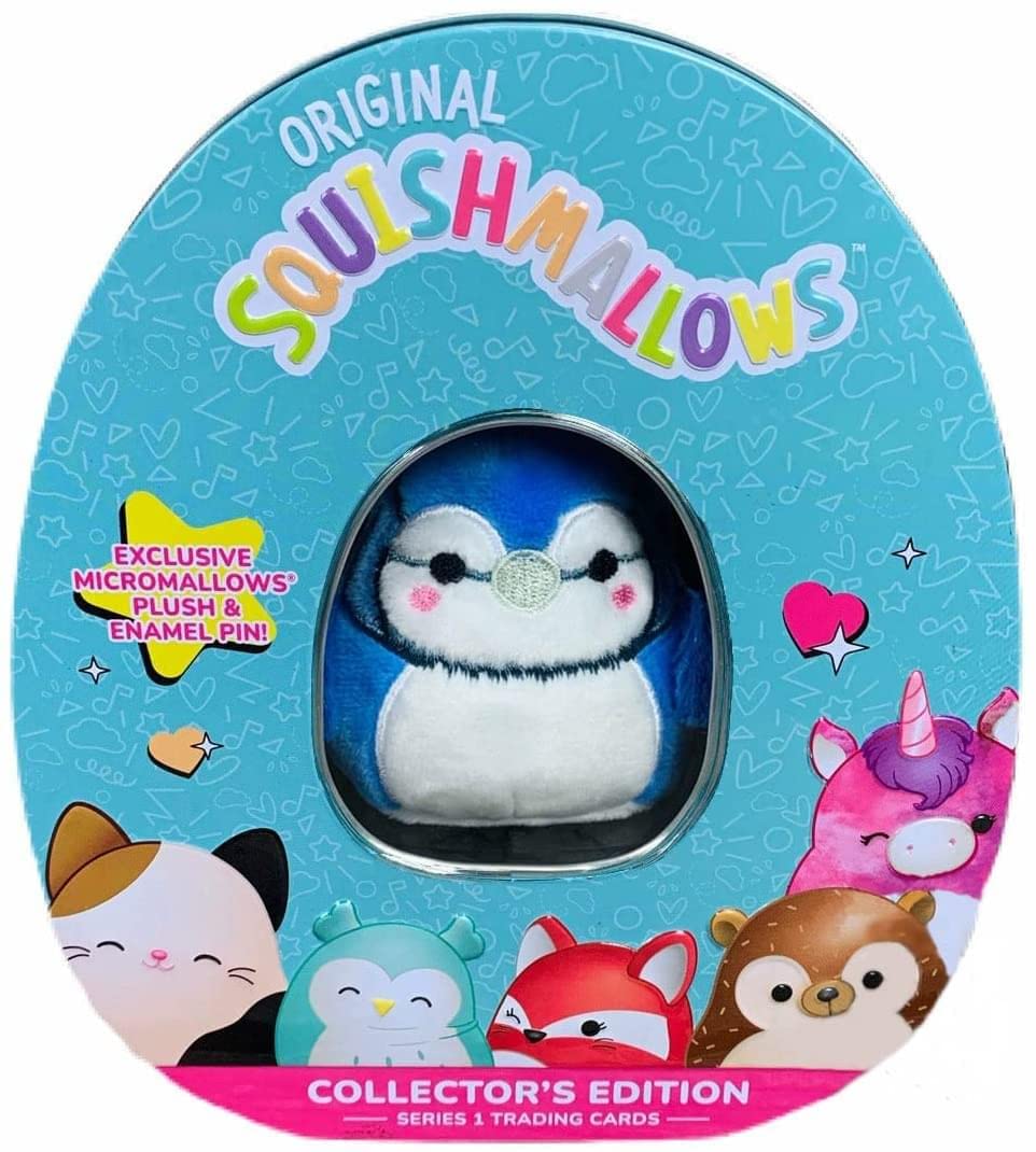 Squishmallow Official Kellytoy Collector 's Tin Set with Micromallow limited availability Pin and Trading Cads Choose Your Favorite or Collect Them All (Babs The Blue Jay)