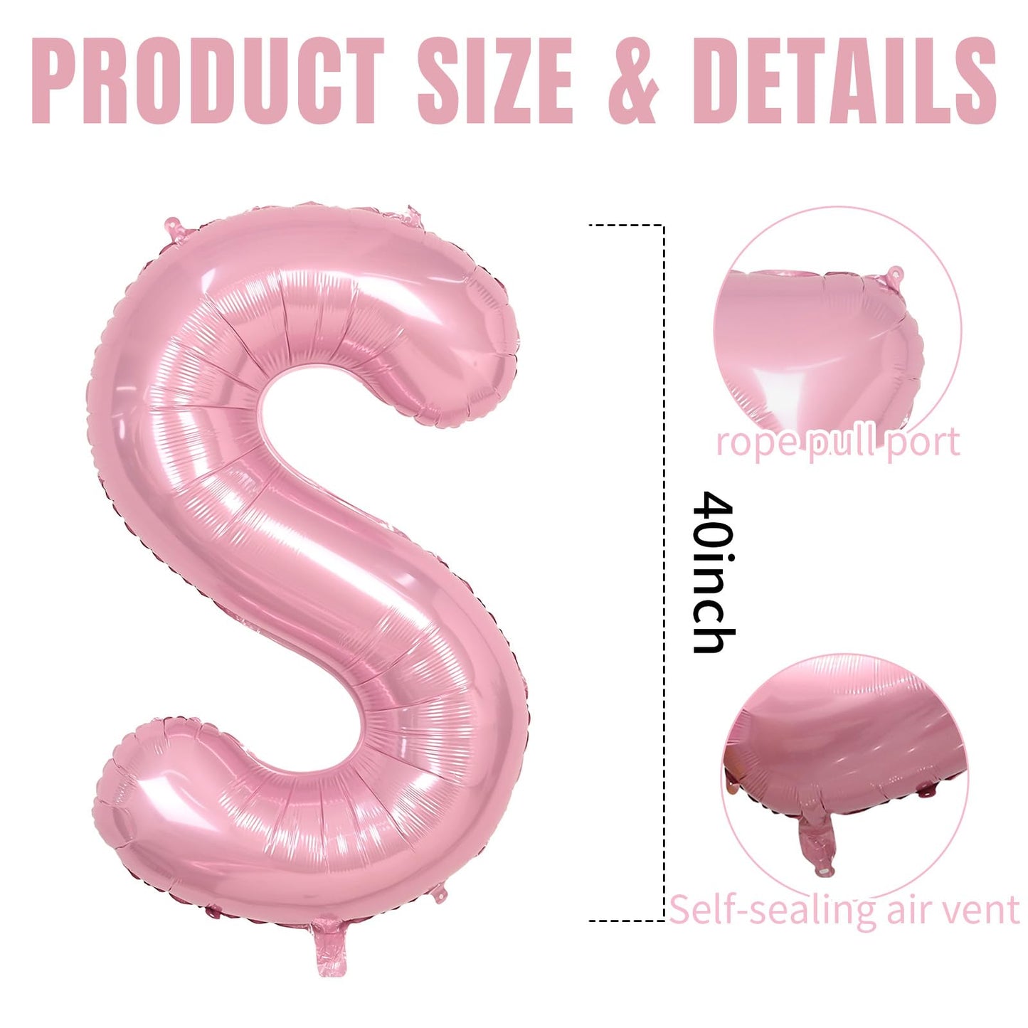 40 Inch Pink Letter Balloons, Large S Letter Balloons Foil Helium Balloons, Mylar Big Single Alphabet S Balloons, Pink Balloon L