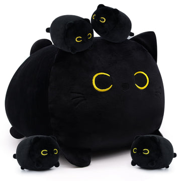 Lsydcarm Black Cat Plush, Black Cat Stuffed Animals Cat Plushie Toy, Mommy Cat With 4 Baby Kittens Kawaii Birthday Gifts For Kid
