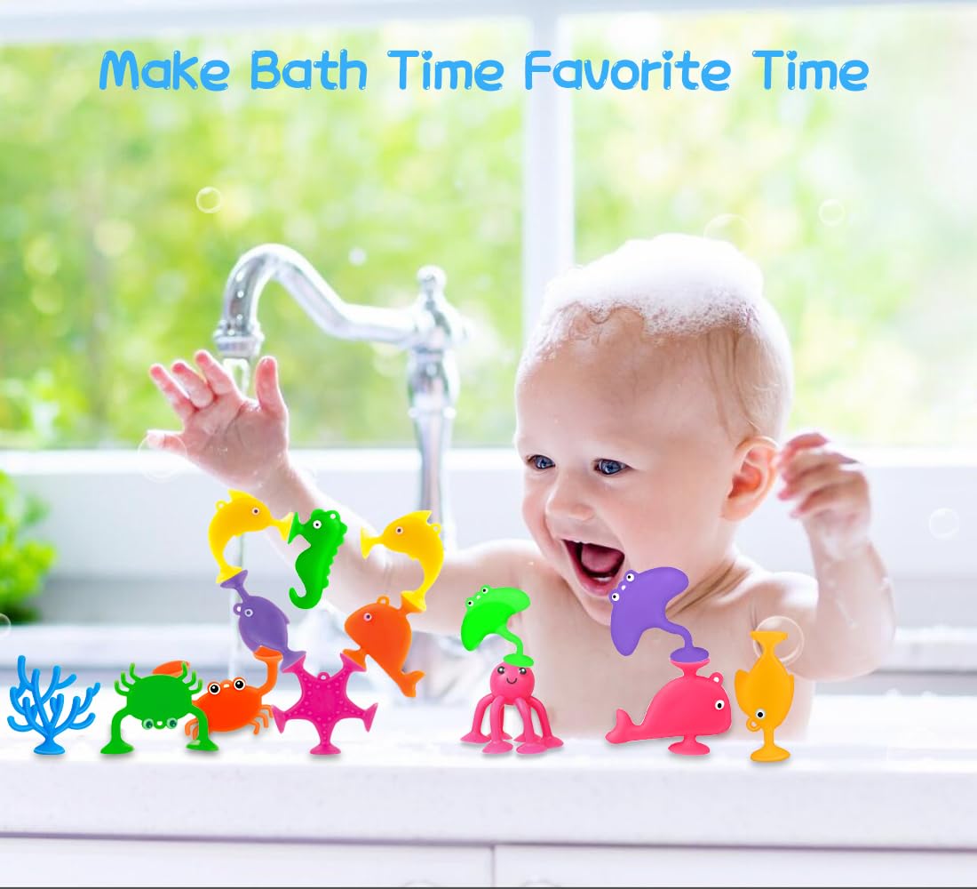 18Pcs Suction Bath Toys For Toddler Kids, Mold Free Silicone Ocean Animals Suction Cup Bathtub Toys, No Hole Sensory Window Fidg