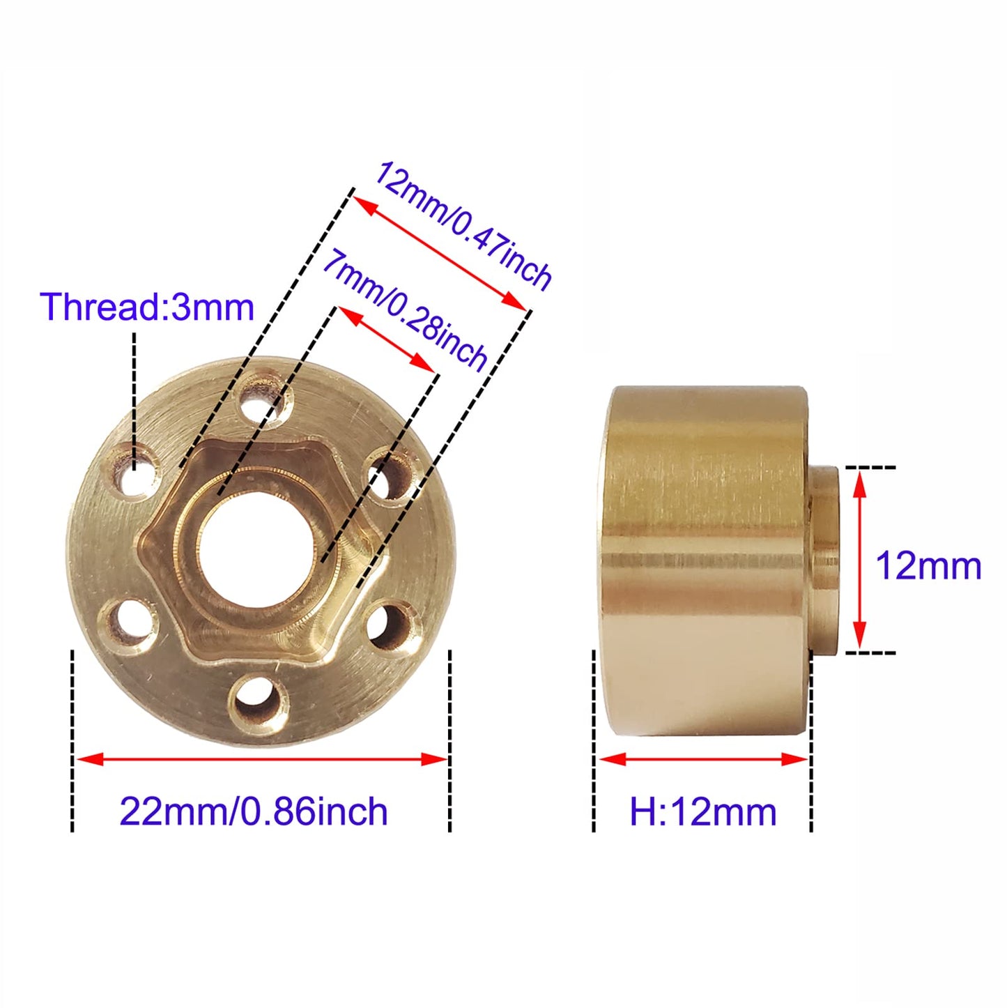AMOGOT 4Pcs Brass Weights RC 12mm Hex Wheel Hub Adapters for 1.9/2.2inch Beadlock Wheel Rim Widen Adapter Axial Scx10 90046 Trx4