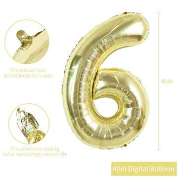 Toniful 40 Inch Light Gold Large Numbers Balloon 0-9 Birthday Party Decorations,Foil Mylar Big Number 6 Balloon Digital 6 For Bi