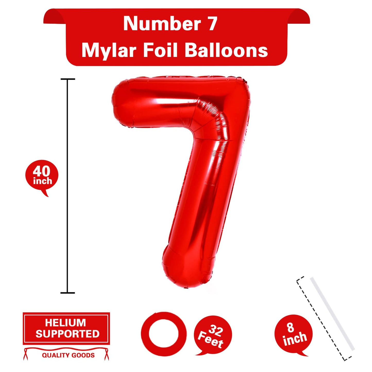 40 Inch Giant Red Number 7 Balloon, Helium Mylar Foil Number Balloons For Birthday Party, 7Th Birthday Decorations For Kids, Ann