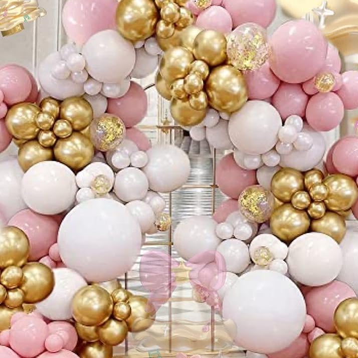 Pink And Gold Balloons, 60 Psc Light Pink And White Balloons With Pink Gold Confetti Metallic Gold Balloons, 12 Inch Pastel Baby