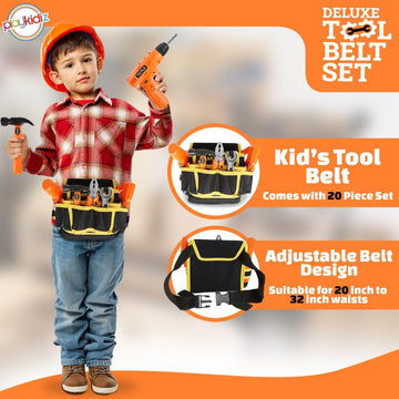 Playkidiz 20Pcs Kids Tool Set - Kids Tool Belt with Electronic Drill Toy, Pretend Construction Durable Toddler Tool Set for Boys