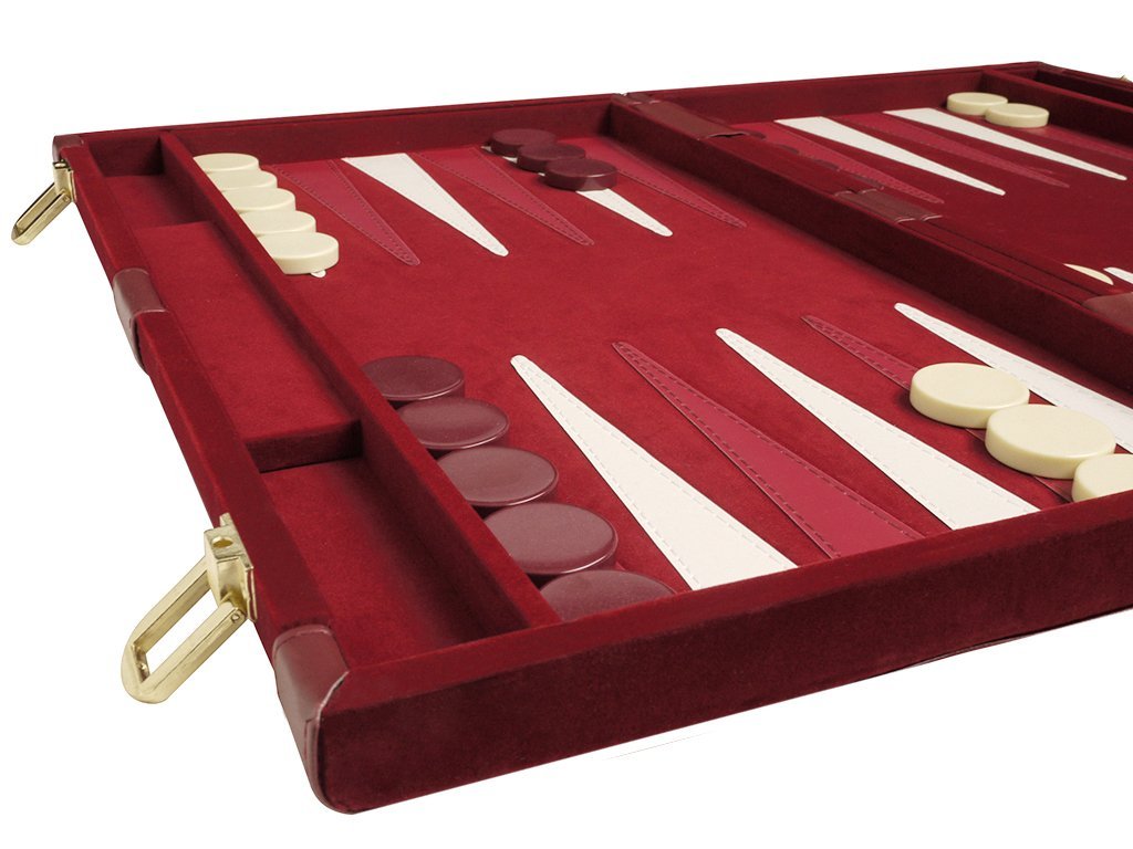 Deluxe Attache Backgammon Set - 15'' Medium Size Classic Maroon Board Game - Luxurious Velour Case