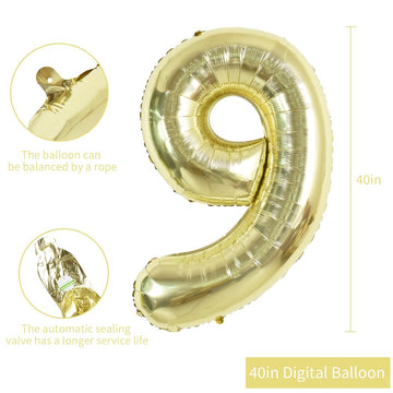 Toniful 40 Inch Light Gold Large Numbers Balloon 0-9 Birthday Party Decorations,Foil Mylar Big Number 9 Balloon Digital 9 For Bi