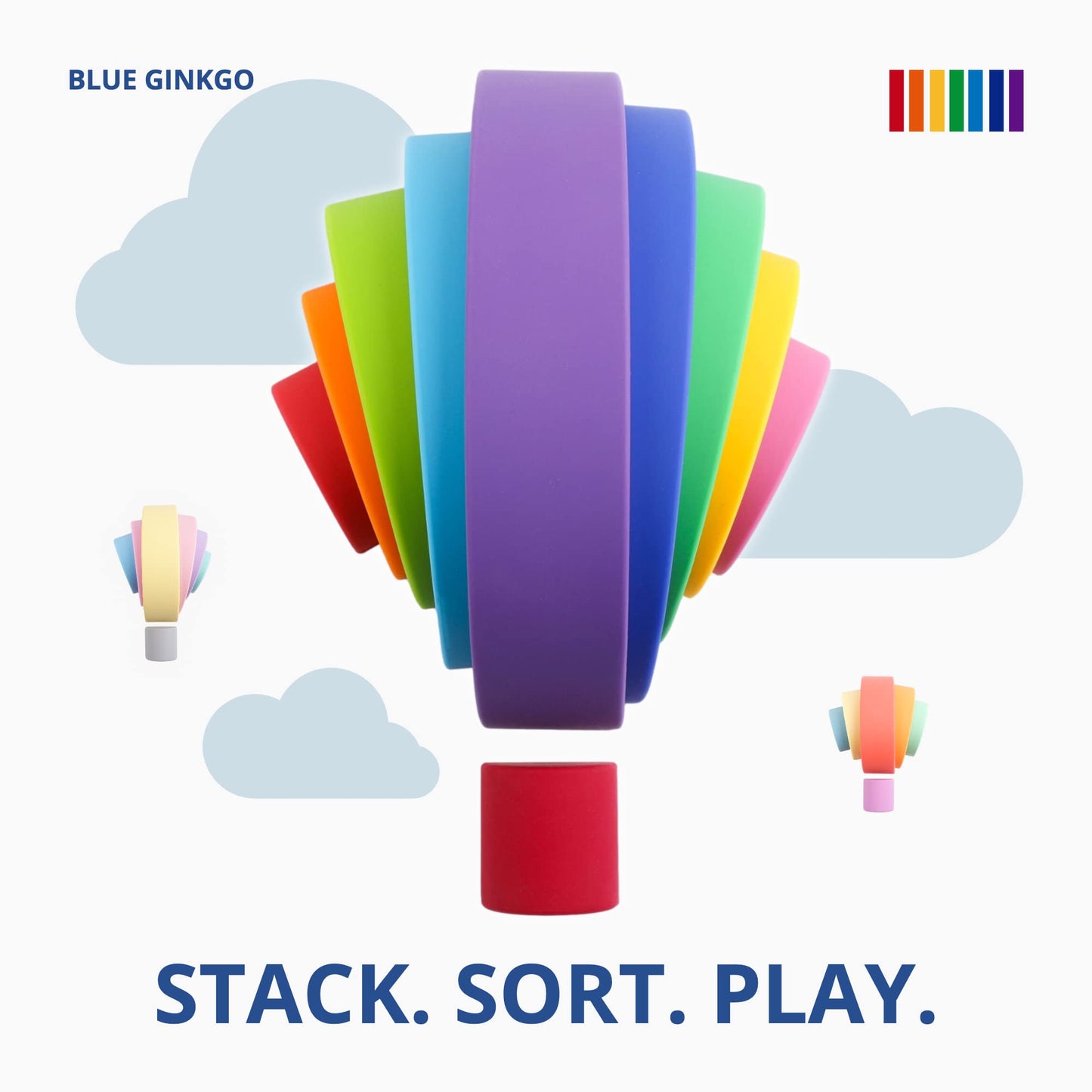 Blue Ginkgo Silicone Rainbow Stacker - Montessori Nesting Puzzle | Kids And Toddler | Stacking Sensory Toys - 10 Layers (Vibrant)