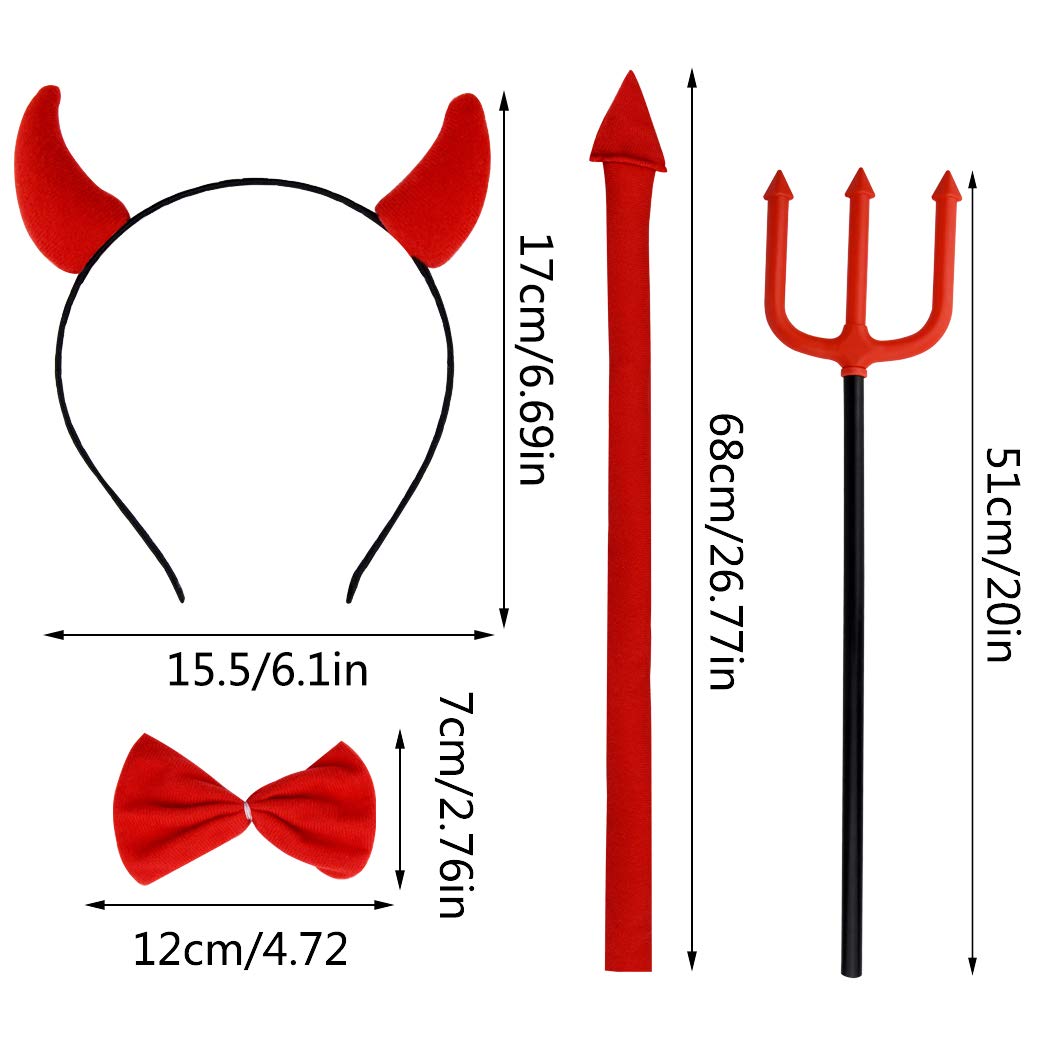 Jmkcoz Halloween Devil Costume Set Devil Horn Headband Red Devil Tail Bowtie Devil Red Pitchfork Demon Cosplay Hair Hoop Accessories For Carnival Themed Party Prop Costume Decoration