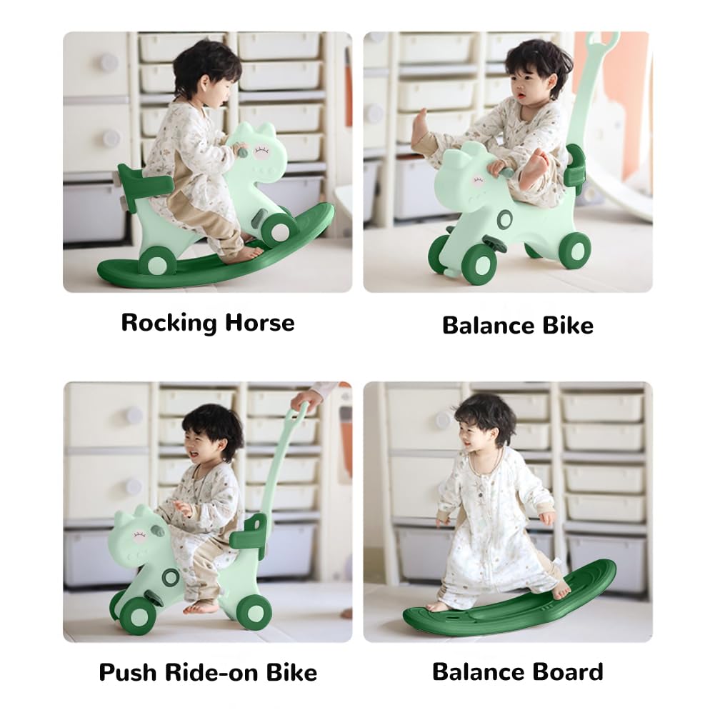 Ancaixin 4 in 1 Rocking Horse for Toddlers, Balance Bike with Push Handle, Backrest, Green, Medium, for Baby Girl & Boy
