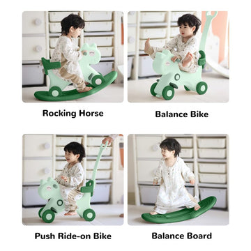 Ancaixin 4 in 1 Rocking Horse for Toddlers, Balance Bike with Push Handle, Backrest, Green, Medium, for Baby Girl & Boy