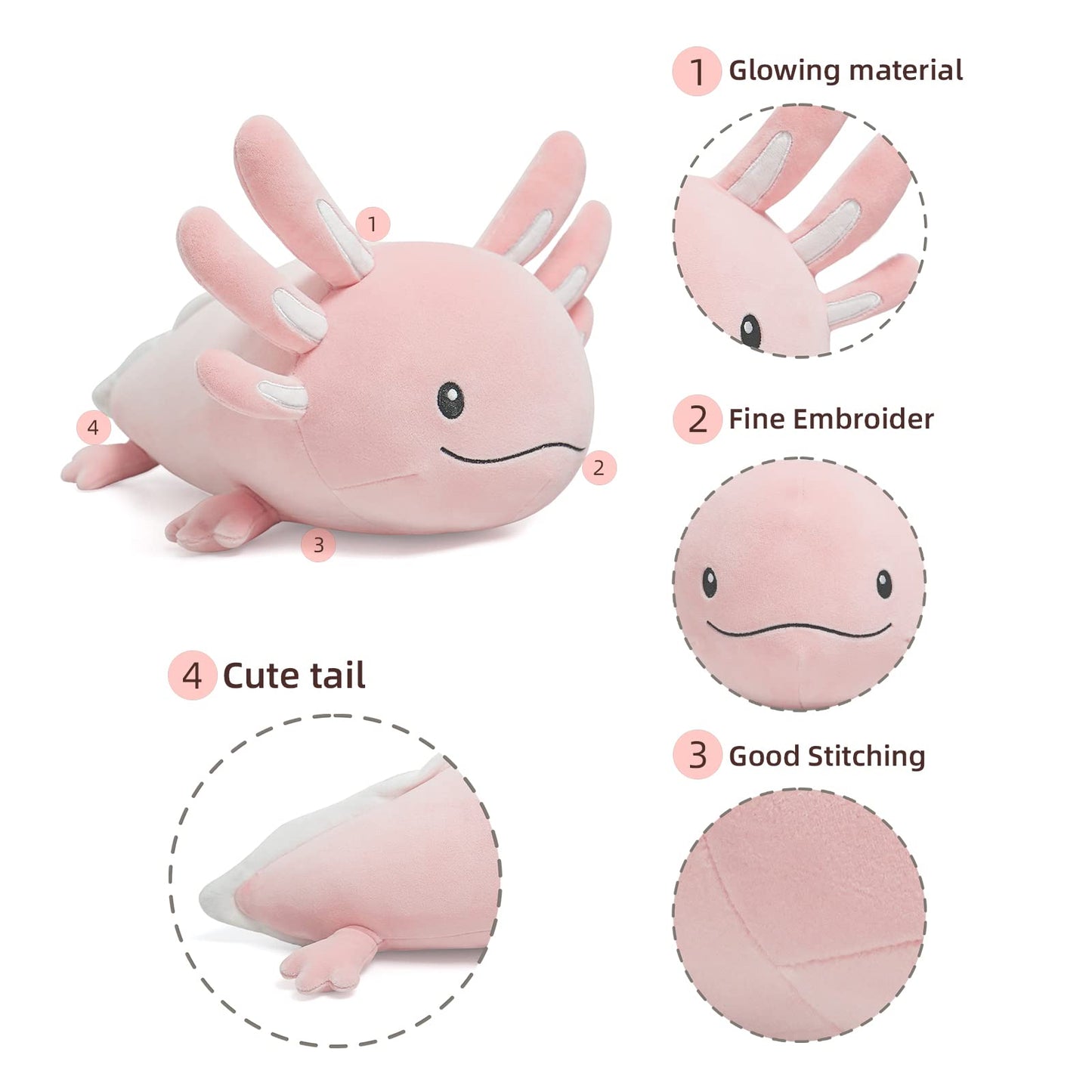 Niuniu Daddy 20 Inch Pink Axolotl Plush Toy - Glow-in-the-Dark Stuffed Animal for Kids, Soft Polyester & PP Cotton, Medium Size