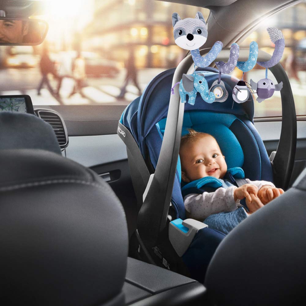 ORZIZRO Baby Plush Spiral Hanging Toys - Medium Gray, Musical Owl & Squeaker Elephant for Stroller, Crib, Car Seat & Bassinet