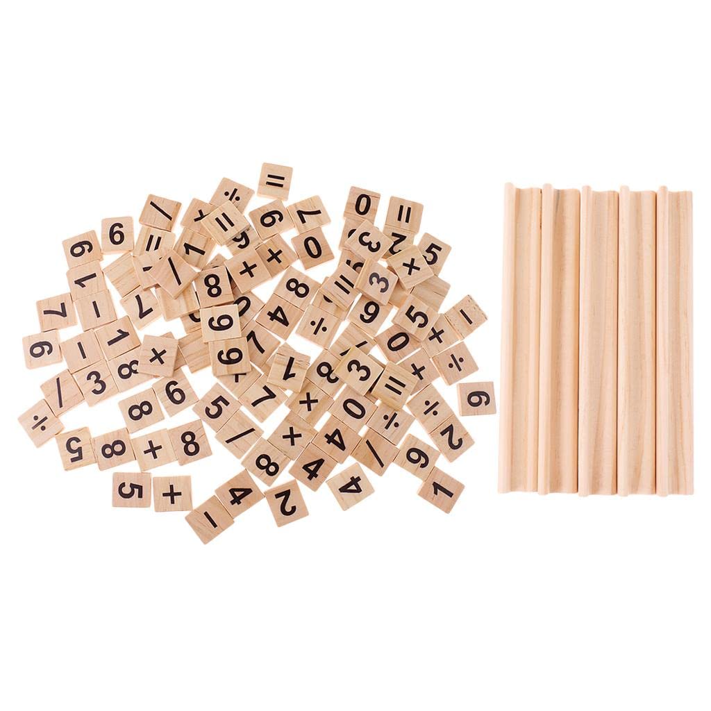 JAZZY PEARLS 100 Pieces Wooden Number and Symbol Tiles with Wooden Tile Racks Crafts Pieces Crafting MultiPurpose Supplies Craf