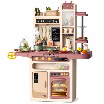 65 PCS Kids Kitchen Playset with Running Water Sink, Steam Spray, Lights & Sounds, Pretend Play Cooking Set with Oven, Utensils 