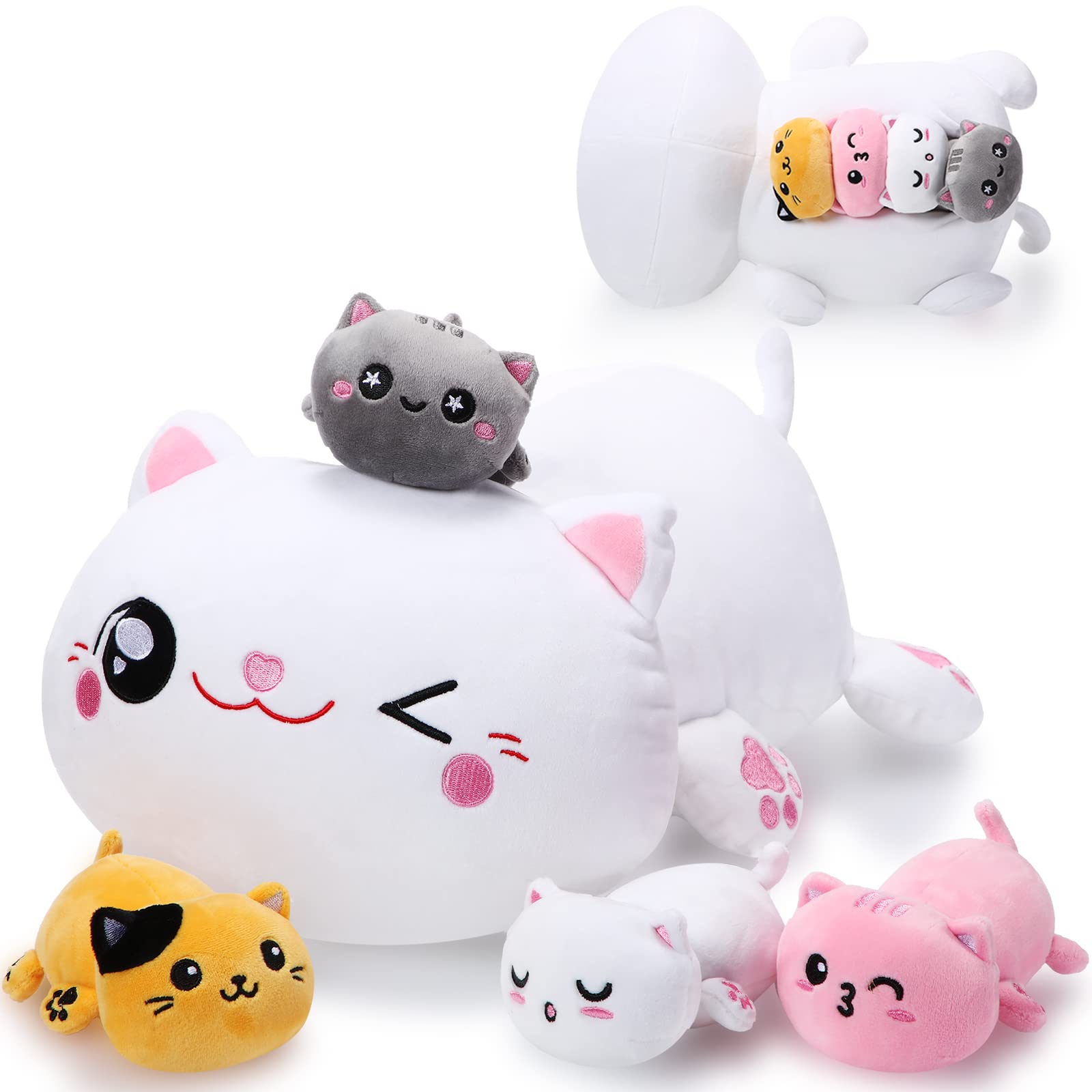 Libima 5 Pcs Christmas Cat Stuffed Animals with Babies Inside Belly 1 Mommy Stuffed Cat with 4 Kittens Kitty Plush Toys for Birt
