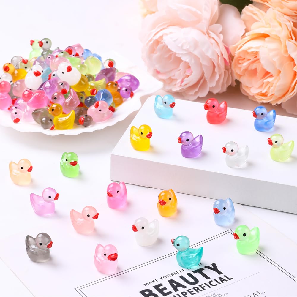 Dulefun 200Pcs Luminous Mini Resin Ducks 20 Colors Small Tiny Little Duck Figurines To Hide Glow In The Dark Miniature Figures F