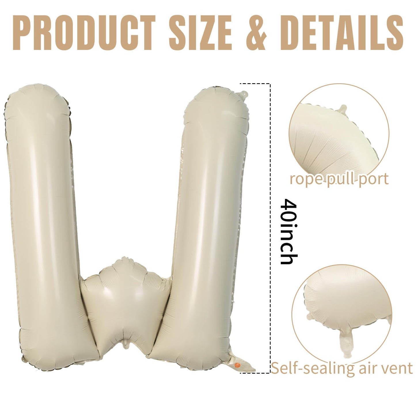 40 Inch Cream Letter Balloons, Large W Letter Balloons Foil Helium Balloons, Mylar Big Single Alphabet W Balloons, Cream Balloon