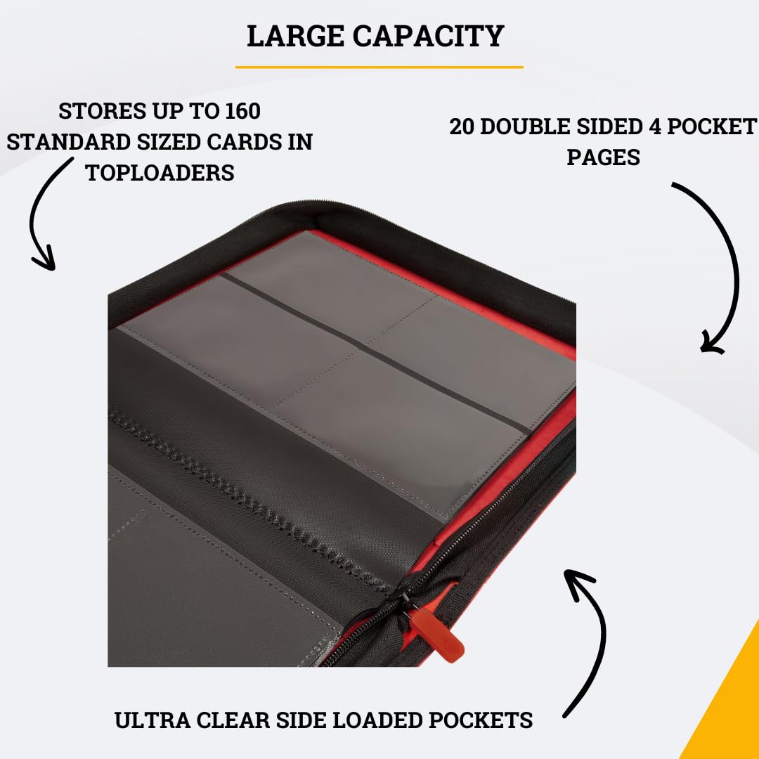 Card Guardian - Toploader 4 Pocket enhanced Binder with Zipper for 160 Cards - Side Loaded Pockets - Compatible with Sports and Trading Cards TCG (Red)