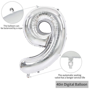 Toniful 40 Inch Silver Large Numbers Balloons 0-9, Number 9 Digital 9 Helium Balloons, Foil Mylar Big Number Balloons For Birthd