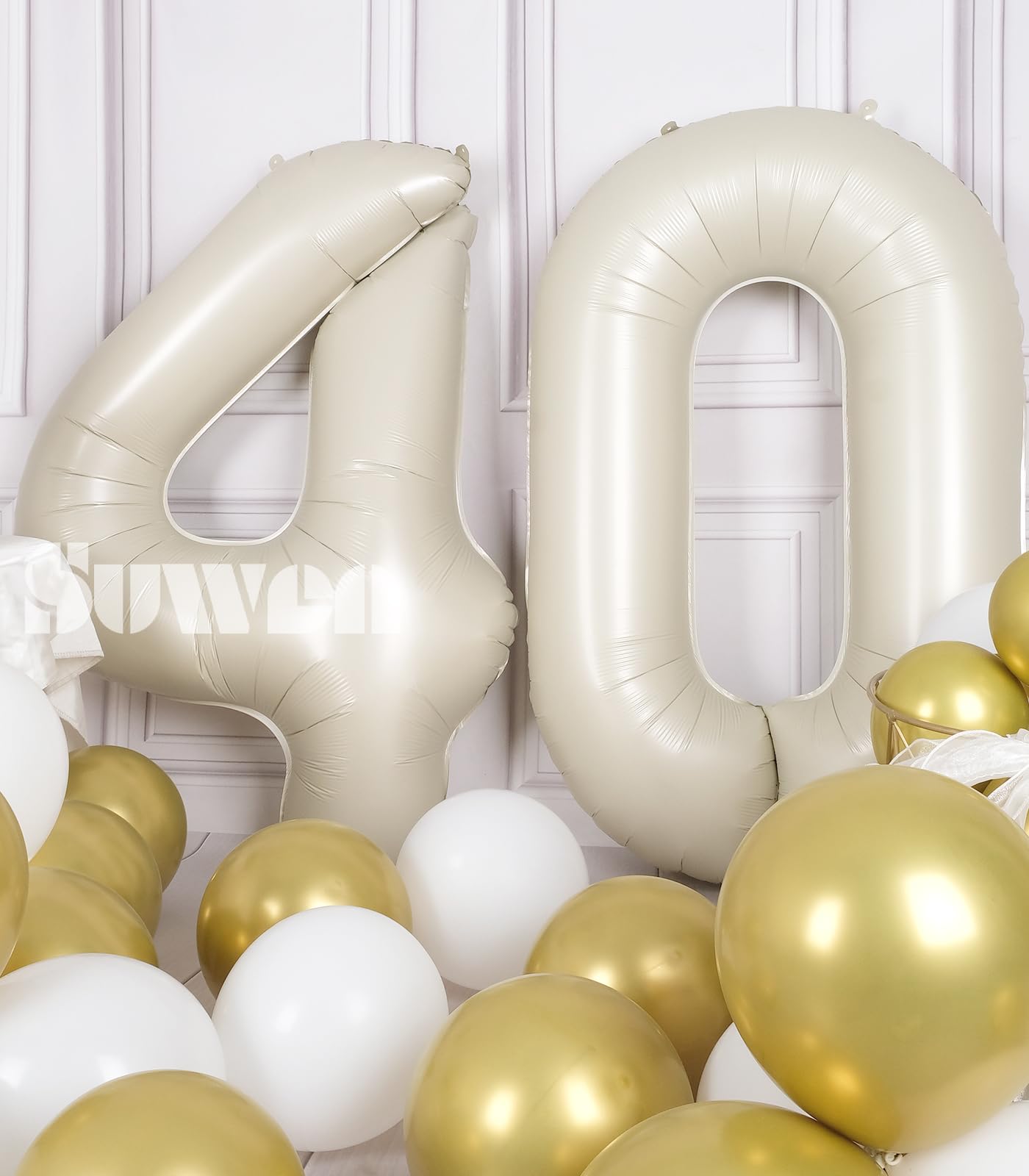 Suwen 40 Inch Large Cream White 40 Balloon Numbers Big Foil Helium Number Balloons 0-9 Jumbo Happy 40Th Mylar Birthday Party Dec
