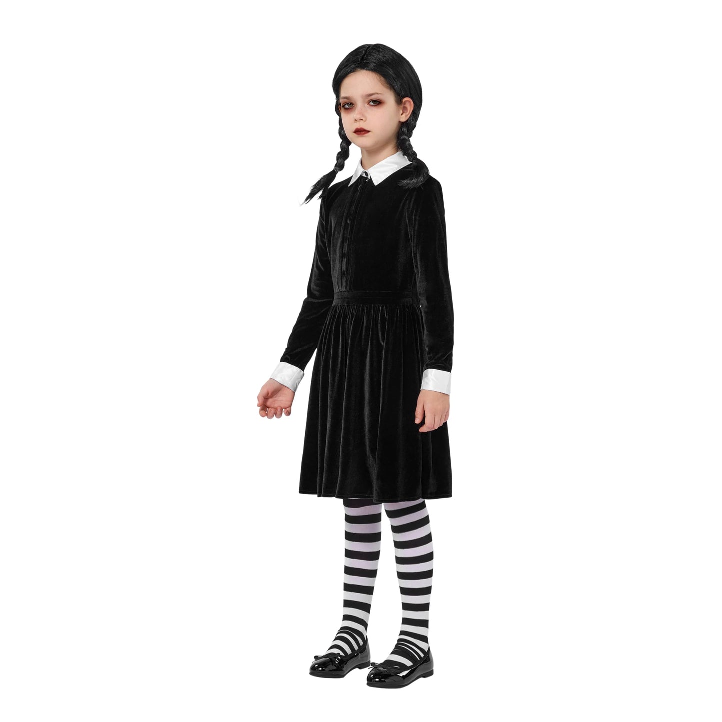 Spooktacular Creations Girls Collar Black Dress, School Girl Costume With Wig, Long Sleeve Velvet Skater Dress For Kids Toddler Halloween, Cosplay Themed Party (Medium, 8-10 Yrs)