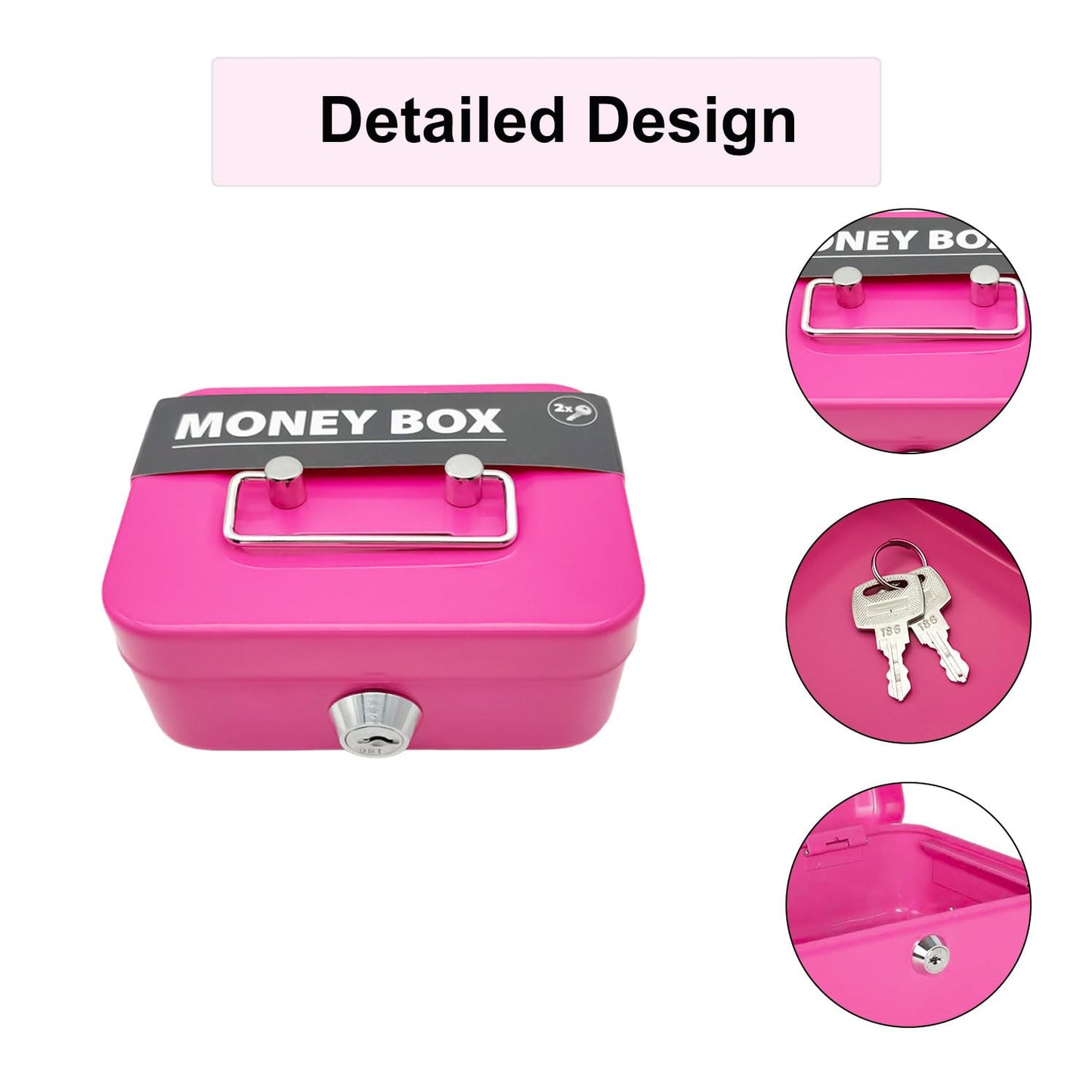 Locking Steel Mini Cash Box, Small Safe Lock Box with Portable Handle, Money Bank Without Money Tray, Cash Coin Can for Kids, 4.