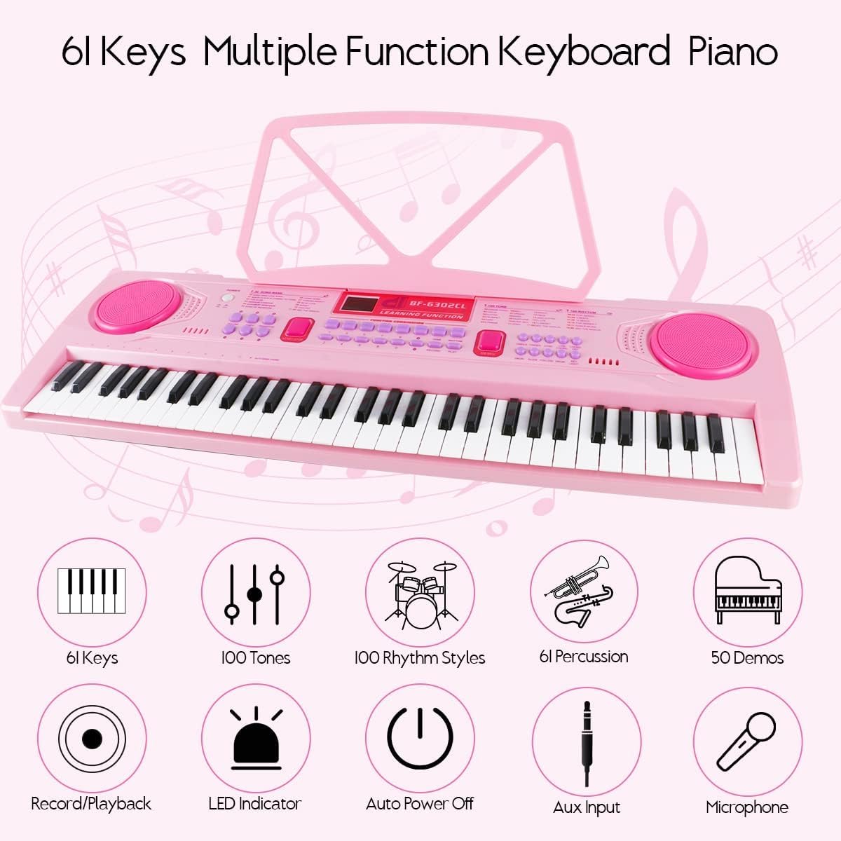 WOSTOO 61-Key Kids Keyboard Piano, Portable Pink Electronic Toy with Microphone & Music Stand, Ideal for Beginners