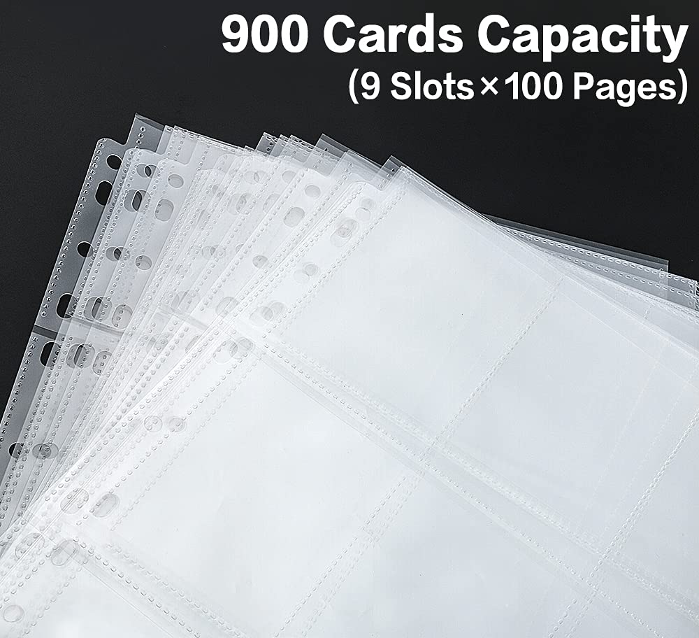 HERKKA Trading Card Sleeve Pages, 100 Pack, Clear Polypropylene, 9 Pocket, Fits 3 Ring Binders