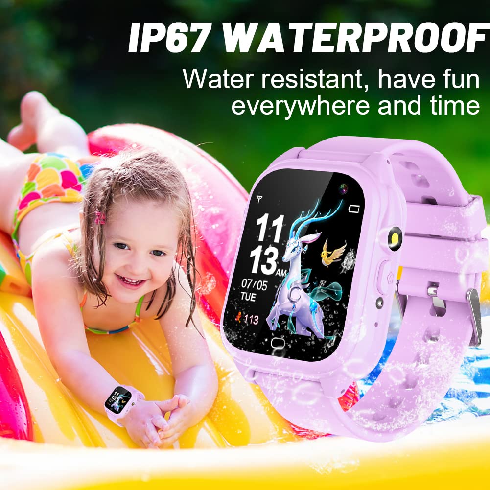 OVV Kids Waterproof Smart Watch D05-3, 1.44'' HD Touch Screen, Purple, Age 3-12, Music Player, Camera, 26 Games, Pedometer