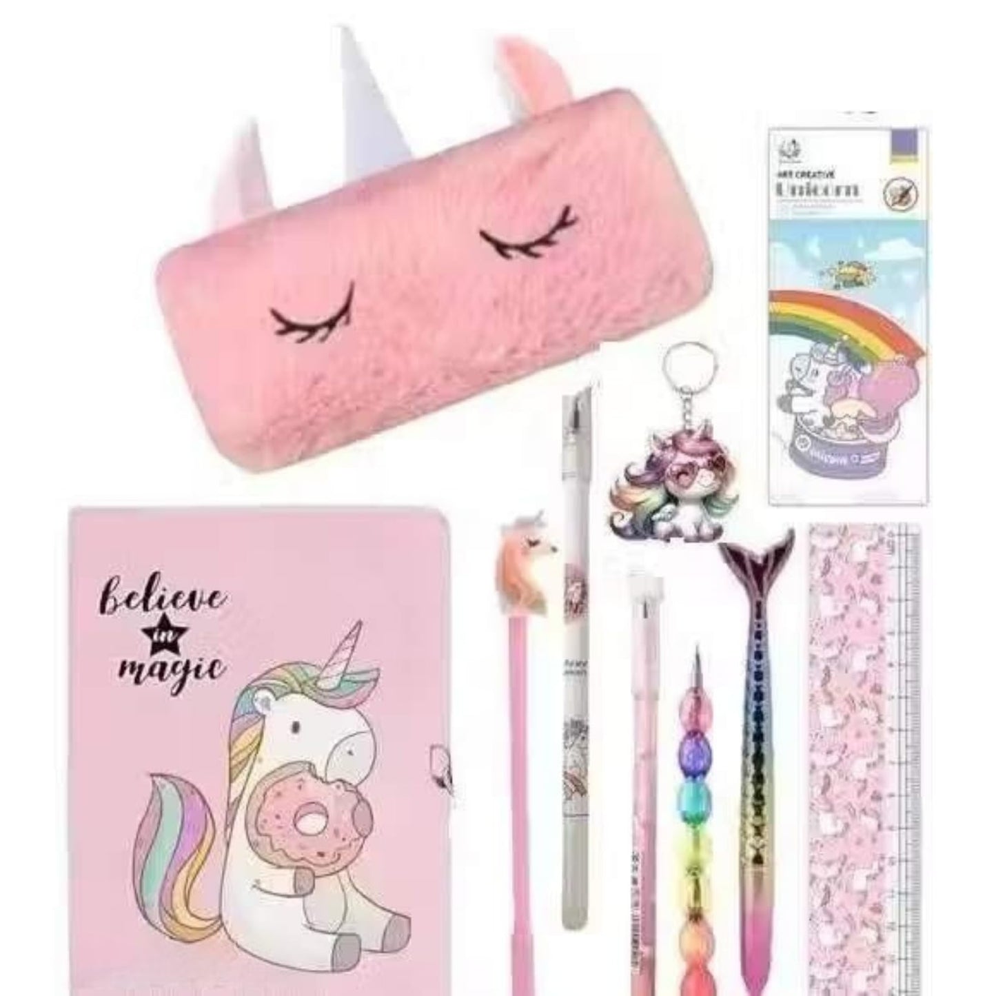 Hisupari Unicorn Stationery Gift Set For Girls | Pencil Pouch, Diary Notebook, Pens, Ruler, Bookmark & Keychain Combo | Cute Sch