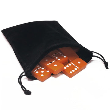 Marion Domino Double Six Orange-White Spots Jumbo Tournament Professional Size With Spinners In Elegant Black Velvet Bag
