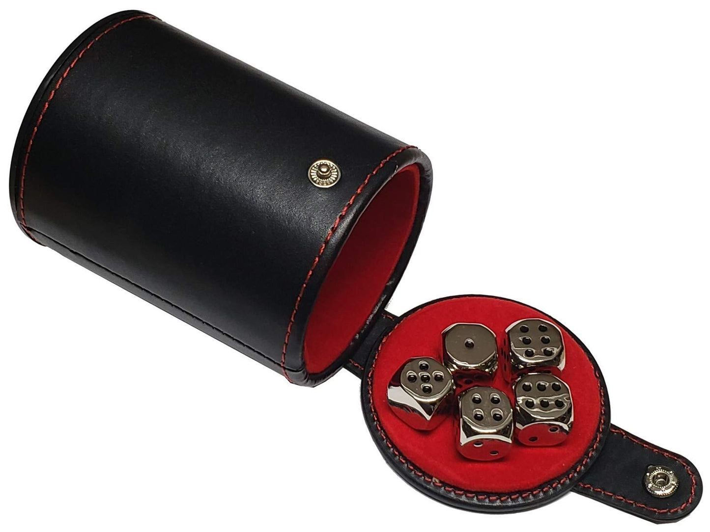Cyber-Deals Set of Dice Cup Black PU Leather with Storage Compartment Red Felt Lined + 16mm Zinc Alloy Metal Dice, Gift Boxed (N