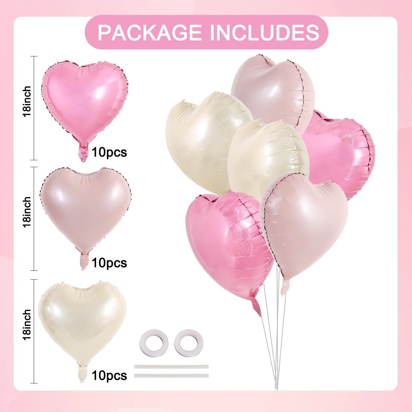 TONIFUL 30Pcs 18 Inch Heart Balloons Pastel Pink Cream White Pink Valentines Day Heart Shape Foil Mylar Balloons Decoration for