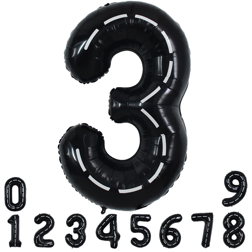 Toniful Race Car Black Balloons Car Birthday Party Supplies,40 Inch Giant Jumbo Helium Foil Mylar Big Number 3 Digital 3 Balloon