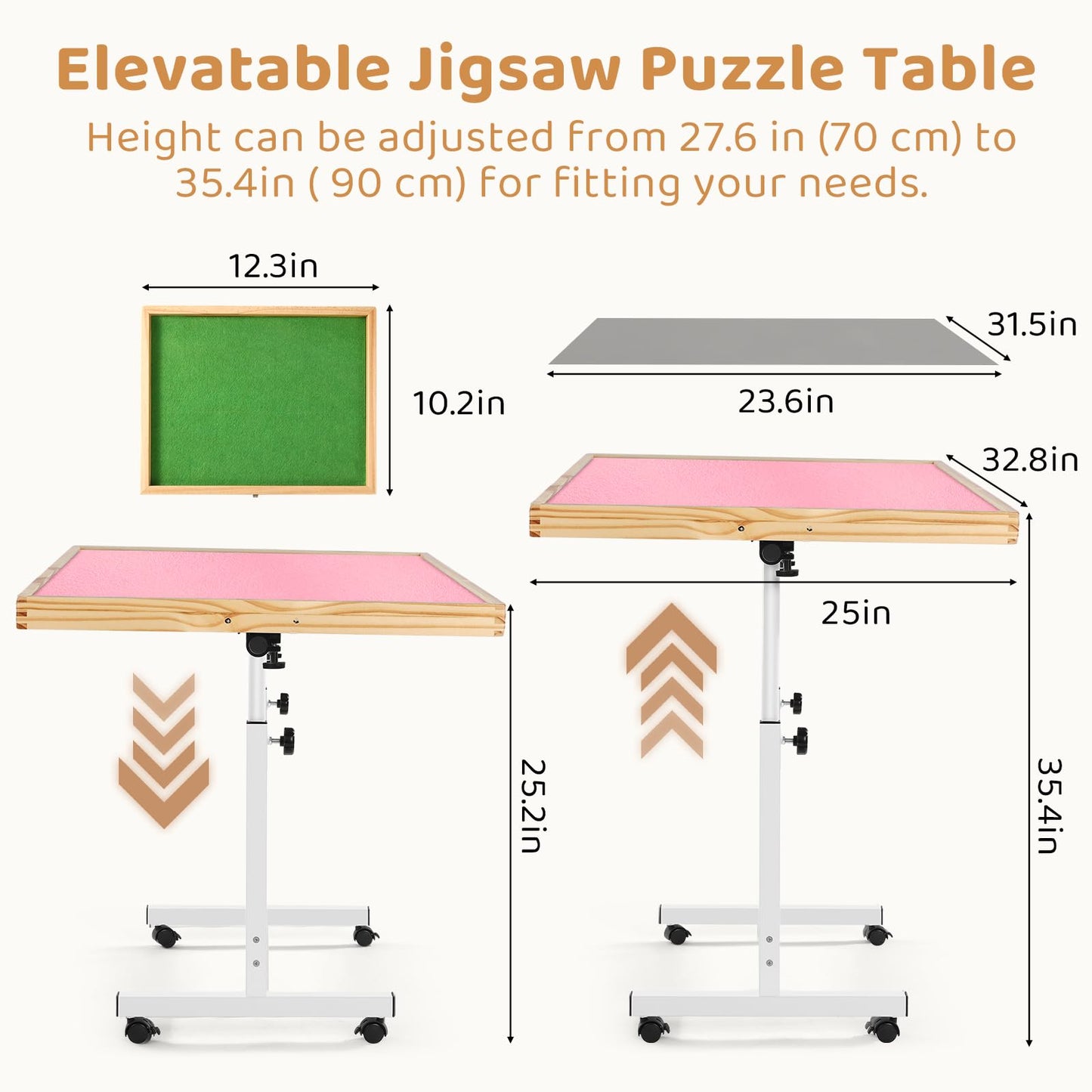 Vasitelan Adjustable Wooden Jigsaw Puzzle Table with Wheels, Puzzle Tables Fits 1500 Piece Puzzles,Wooden Puzzle Board for Adult