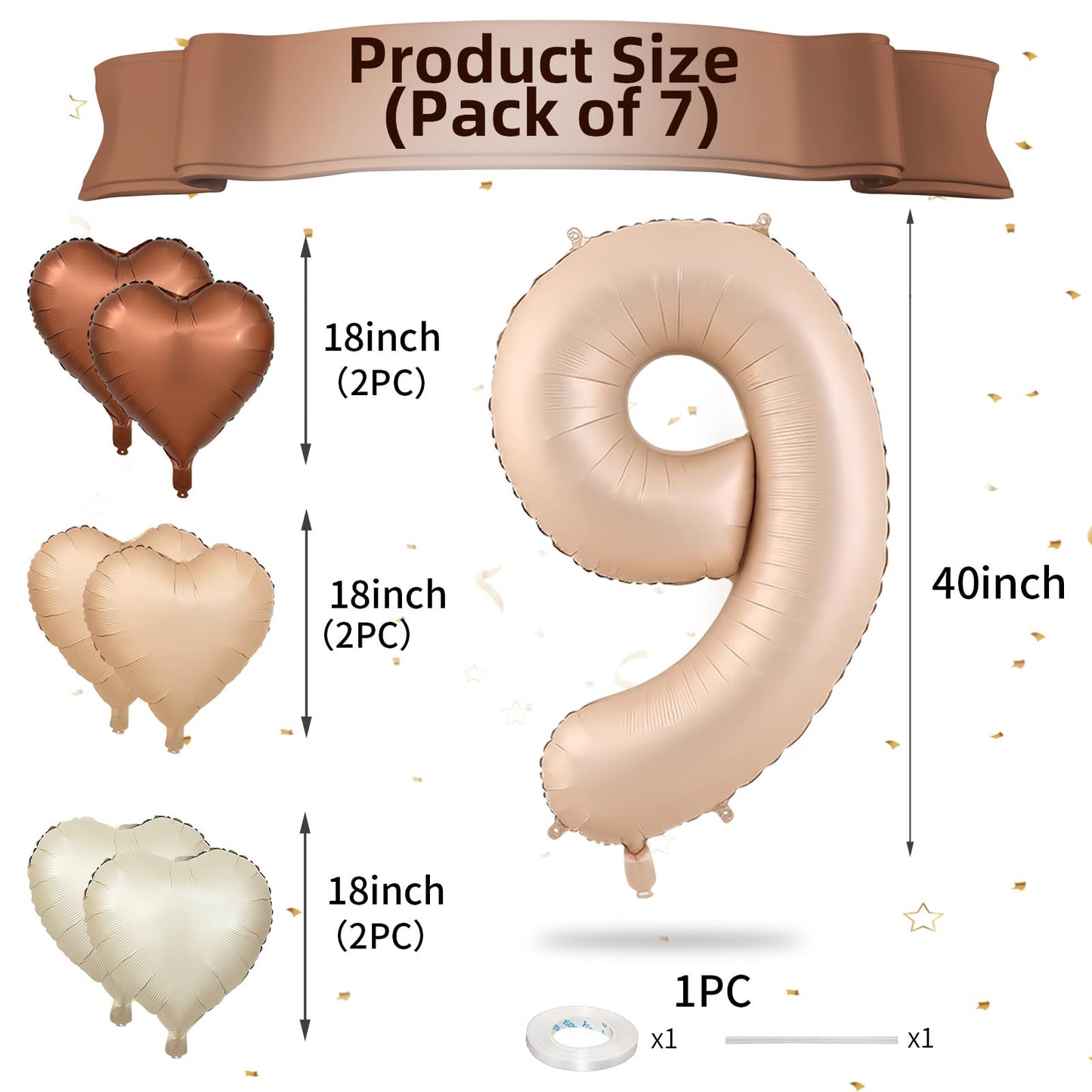 Biapian 40 Inch Light Brown Number 9 Balloons, Apricot Large Number 8 Balloon With 18'' Retro Foil Heart Balloons Helium For Neu