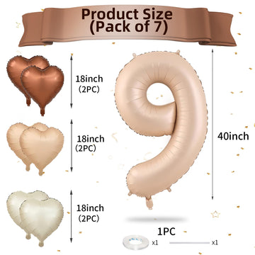 Biapian 40 Inch Light Brown Number 9 Balloons, Apricot Large Number 8 Balloon With 18'' Retro Foil Heart Balloons Helium For Neu