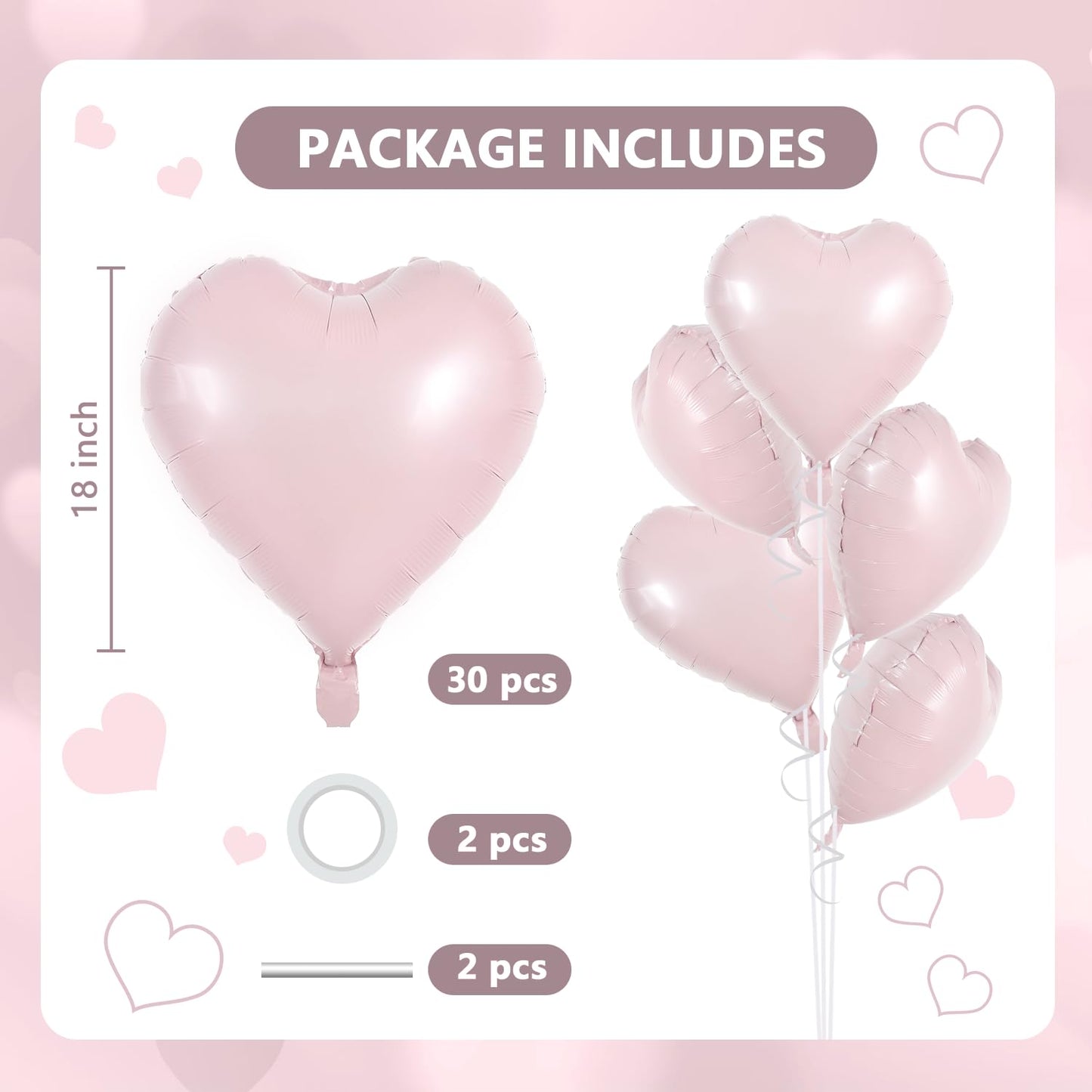 TONIFUL 30Pcs 18 Inch Baby Pink Heart Balloons Pastel Pink Heart Shape Foil Mylar Balloons Decoration for Birthday Valentines D