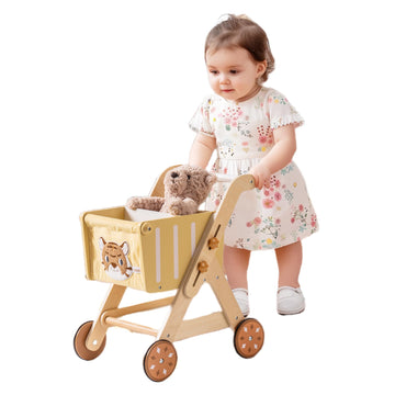 ROBOTIME Wooden Shopping Cart Toy for Toddler Kids  Height-Adjustable Wooden Baby Push Walker  Sit to Stand Walker for Baby Learning to Walk for Boys and Girls