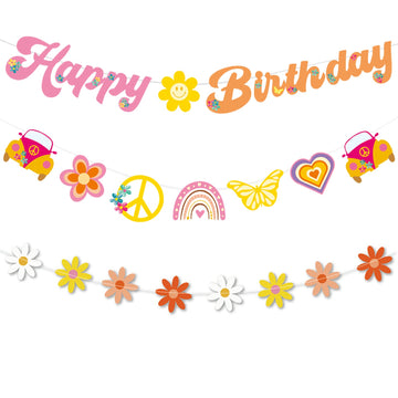 Zwiebeco Hippie Boho Birthday Party Decoration Supplies-Hippie Boho Happy Birthday Sign Banner Daisy Garland Bunting Banner Hang