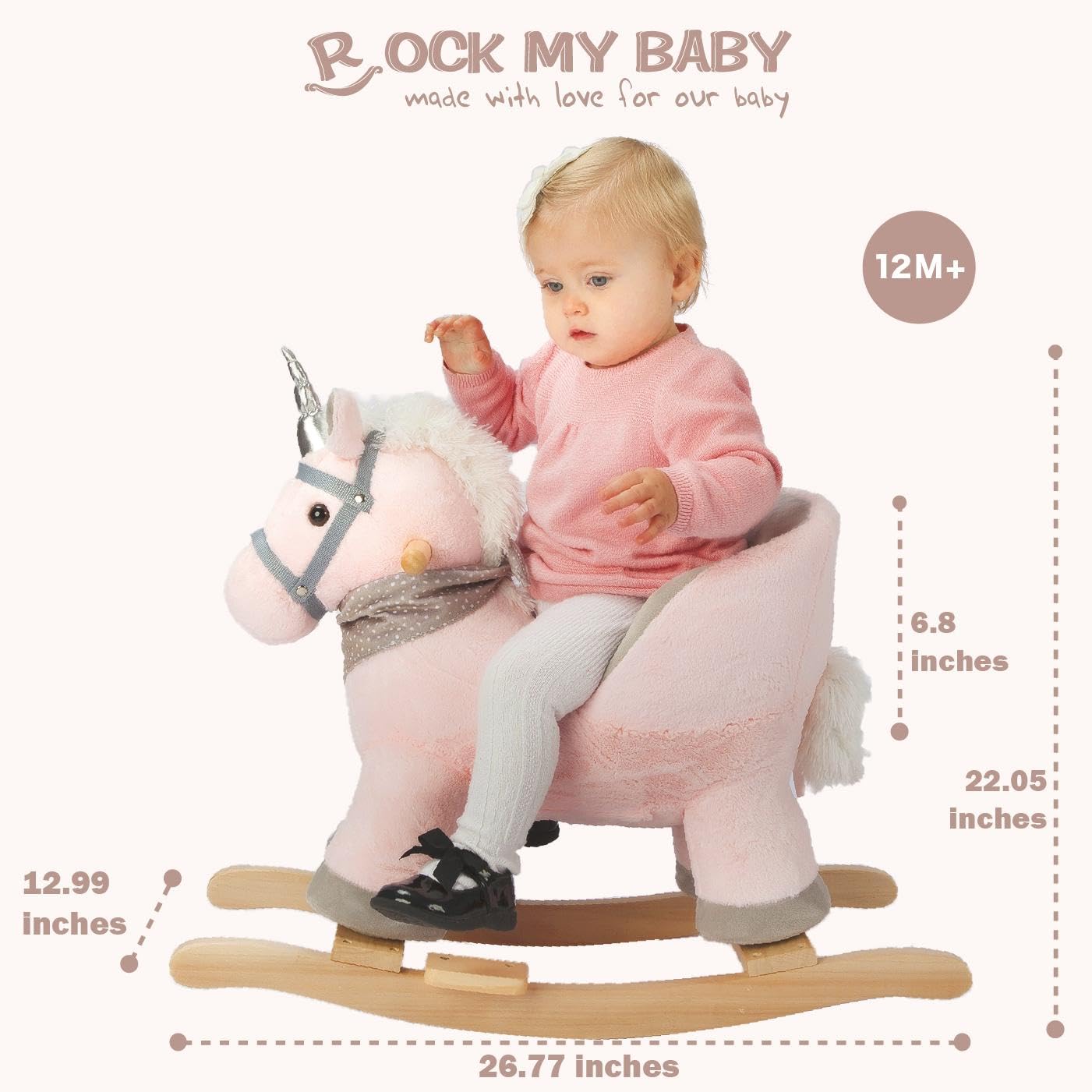 Rock My Baby Rocking Horse With Chair, Pink Unicorn Pony Rocker With Realistic Unicorn Music. Rocking Animal. Wooden Rocking Hor