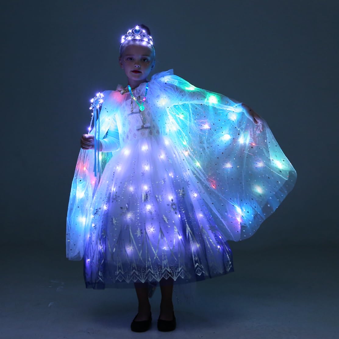 Ledpaty Girls Princess Cape Led Light Up Cloaks Halloween Dress Up With Tiara Crown, Wand,Necklace Pretend Play,Role Play & Dres