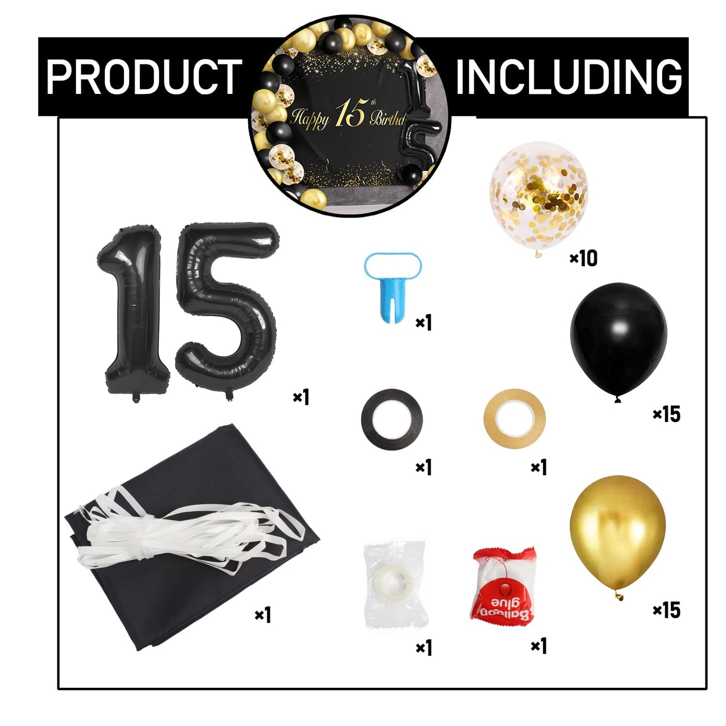Happy 15Th Birthday Balloons Black Set Decor - Cheers To 15 Years Old Party Theme Garland Banner Backdrop Decorations For Boy An